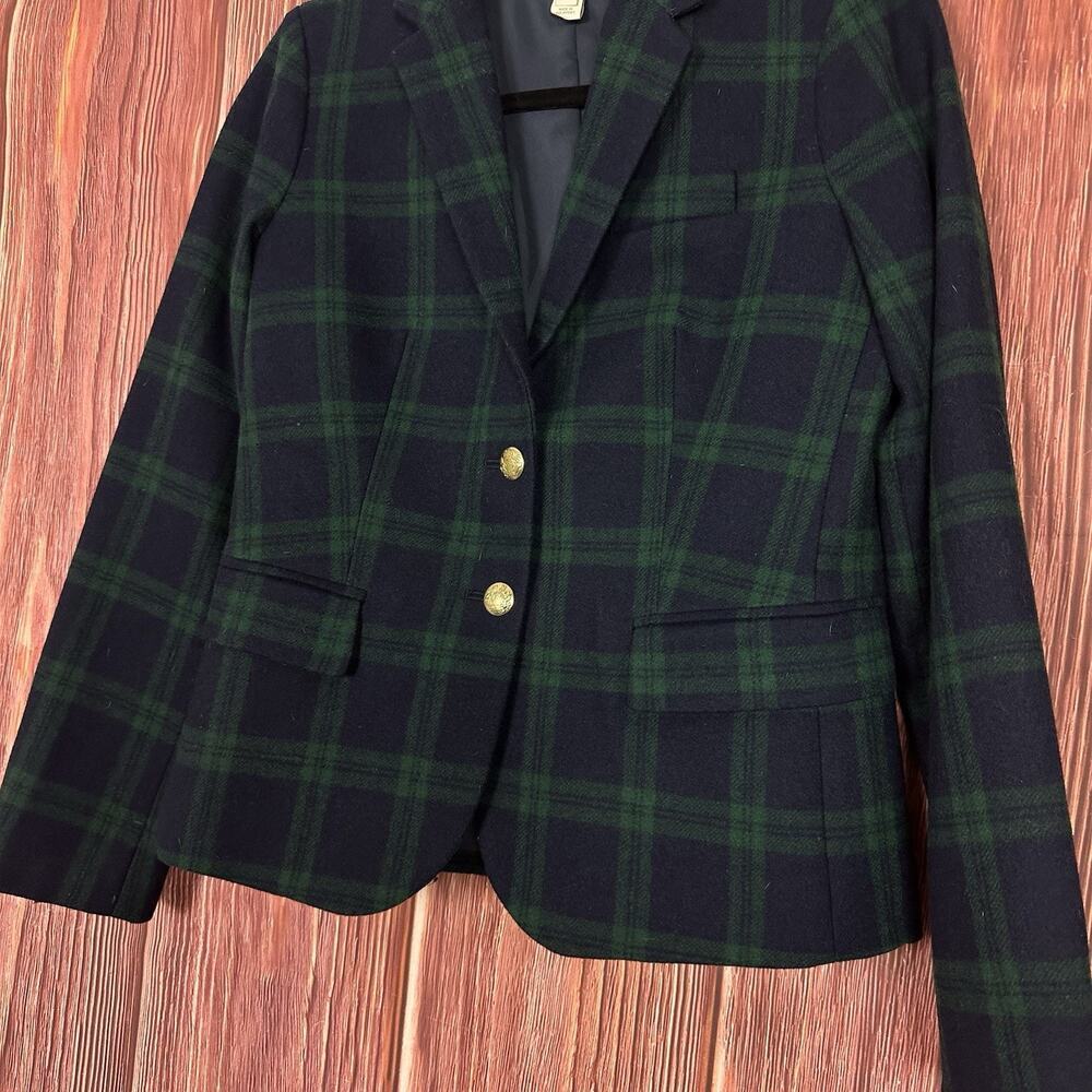 J. Crew Womens Green Blue Plaid Blazer Work Wear Gold Button Size 4 - Picture 4 of 5
